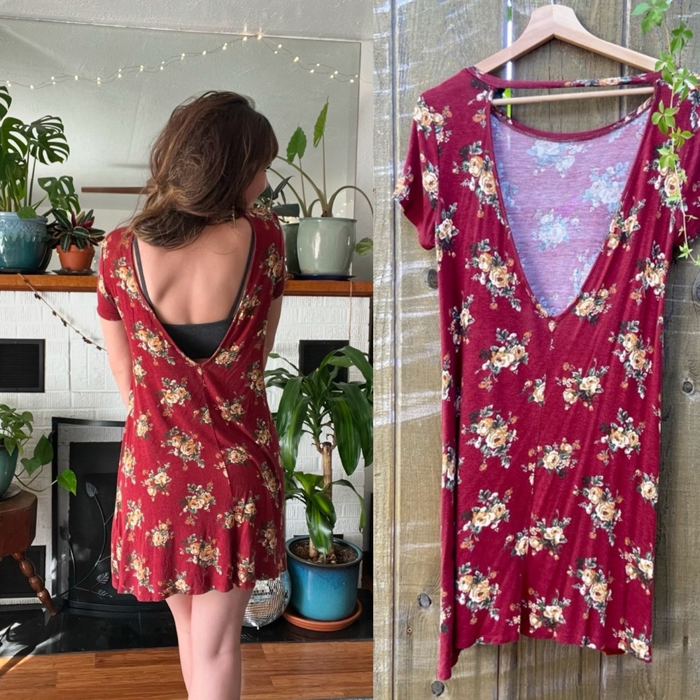 🌿 Vintage Red and Yellow Floral Low Back Shift Sundress 🌿